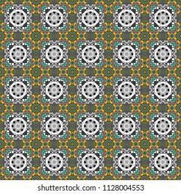 Vector geometric seamless pattern. For decor, fabric, textile, cloth. Simple abstract background in gray, blue and brown colors. Ornamental texture with linear shapes, zigzag lines, lace pattern.