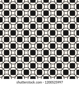 Vector geometric seamless pattern with delicate grid, net, mesh, lattice, weave, small rounded shapes, squares, circles. Simple abstract black and white background. Minimal monochrome repeat design 
