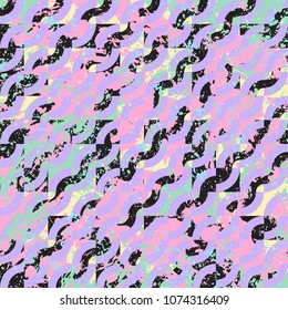 Vector geometric seamless pattern with diagonal waves, lines and stripes in bright color. Striped modern color blocked print in retro Memphis style for spring summer fashion. Abstract waving retro art