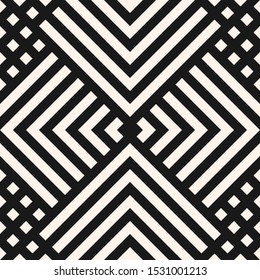 Vector geometric seamless pattern with diagonal lines, squares, rectangles, rhombuses, tiles, grid. Abstract black and white graphic texture. Simple minimal monochrome background. Repeat design