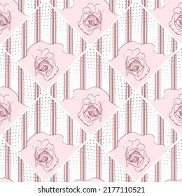 Vector geometric seamless pattern, diagonal stripe with a contour outline of a rose on a peach background, for fabric design, tile, scarf.