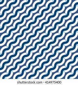Vector geometric seamless pattern with diagonal waves, lines and stripes in nautical color. Striped modern bold print in nautical style for spring summer fashion. Abstract waving sea background
