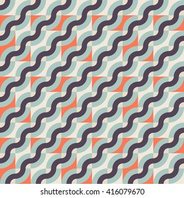 Vector geometric seamless pattern with diagonal waves, lines and stripes in retro colors. Striped modern color blocked print in retro memphis style for fall summer fashion. Abstract waving retro art