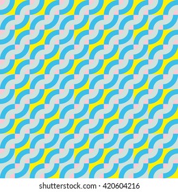 Vector geometric seamless pattern with diagonal waves, lines and stripes. Striped color blocked print in retro memphis style for spring summer fashion. Abstract waving retro art in bright blue green