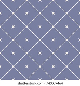 Vector geometric seamless pattern with diagonal square grid, rounded shapes, stars. Simple minimalist ornamental texture. Elegant abstract repeat background in pastel colors, blue serenity and white