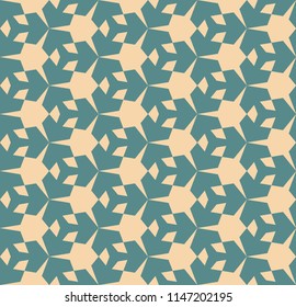 Vector geometric seamless pattern with diamond shapes, flower silhouettes, triangular grid. Elegant ornamental texture. Abstract repeatable background in turquoise and beige colors. Decorative design