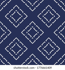 Vector geometric seamless pattern with diamonds, rhombuses, lines, grid, tiles. Abstract dark blue texture. Stylish modern minimal background. Repeat design for decoration, wallpaper, cloth, textile