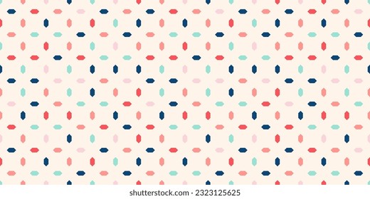 Vector geometric seamless pattern with diamonds, rhombuses, small colorful shapes. Simple abstract minimal ornament. Cute funky background texture. Repeat childish design for decor, package, print