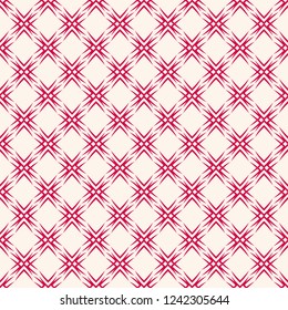 Vector geometric seamless pattern. Elegant Christmas background. Red and white texture with snowflakes, crosses, floral silhouettes, grid, net. Winter holiday ornament. Traditional Scandinavian motif