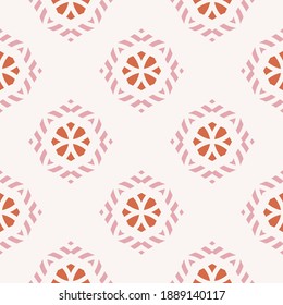 Vector geometric seamless pattern. Elegant ornament texture with flower silhouettes, diamonds. Abstract ornamental floral background in pink, orange and white color. Repeat design for decor, print