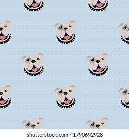 vector geometric seamless pattern with english bulldogs on blue polka dot background
