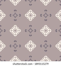 Vector geometric seamless pattern in ethnic style. Traditional folk motif. Abstract texture with diamonds, flower silhouettes. Soft pastel color. Elegant ornament background. Repeat design for decor