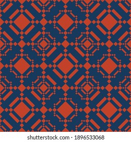 Vector geometric seamless pattern in ethnic style. Abstract texture with diamonds, rhombuses, squares, grid, lattice. Elegant dark blue and red ornamental background. Repeat design for decor, textile