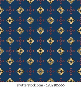 Vector geometric seamless pattern in ethnic style. Traditional folk motif. Abstract texture with diamonds, squares, flower silhouettes. Blue, yellow and red color ornament background. Repeat design