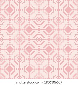 Vector geometric seamless pattern in ethnic style. Abstract texture with diamonds, rhombuses, squares, grid, lattice. Elegant pink and white ornamental background. Repeat design for decor, clothing