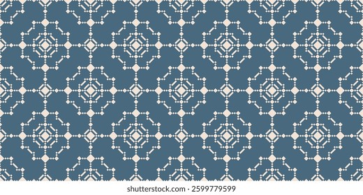 Vector geometric seamless pattern in ethnic folk style. Abstract texture with tribal motif, geometric elements, grid. Elegant ornament background in blue and beige color. Retro vintage repeated design