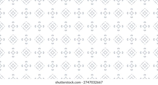 Vector geometric seamless pattern in ethnic folk style. Traditional nordic ornament. Background with squares, diamonds, flower silhouettes, snowflakes. Abstract blue and white texture. Repeated design