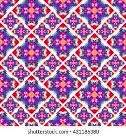 Vector geometric seamless pattern. Ethnic seamless background. Dotted textile print. Folkloric tiles fabric swatch. Mosaic wallpaper.