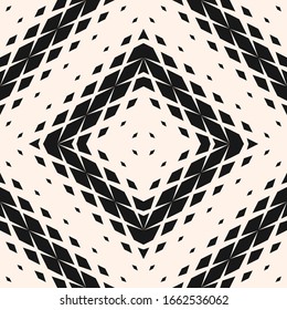 Vector geometric seamless pattern with fading rhombuses, diamonds, grid, repeat tiles. Concentric halftone gradient transition effect. Black and white background. Modern abstract monochrome texture