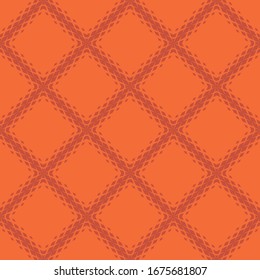Vector geometric seamless pattern with fading rhombuses, diamonds, net, grid, repeat tiles. Halftone gradient transition effect. Orange colored background. Modern abstract halftone texture design