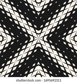 Vector geometric seamless pattern with fading rhombuses, diamonds. Halftone gradient transition effect in cross form. Modern monochrome background. Stylish black and white abstract texture design