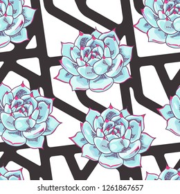 Vector geometric seamless pattern with floral decoration. Abstract striped background