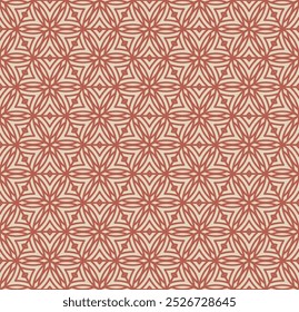 Vector geometric seamless pattern with floral silhouettes, leaves, stars, hexagonal grid, curved lines. Elegant red and beige abstract texture. Stylish ornamental background. Retro repeated geo design