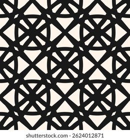 Vector geometric seamless pattern with floral grid, net, mesh, lattice, crosses, intersecting lines. Elegant abstract black and white background. Monochrome ornament texture. Repeatable geo design
