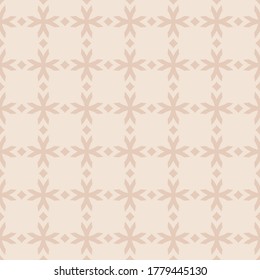 Patrón geométrico vectorial sin fisuras con formas florales, cruces, diamantes. Un sutil adorno floral de estilo gótico. Sencilla textura de rejilla ornamental. Color beige. Nuevo diseño para la decoración, papel pintado, tela