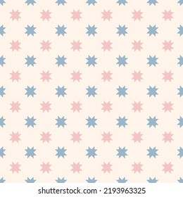 Vector geometric seamless pattern with flower silhouettes, crosses, snowflakes. Simple abstract floral ornament. Cute retro vintage style background. Texture in soft blue, pink and beige color