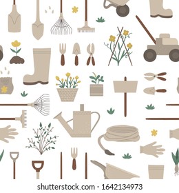 Vector geometric seamless pattern with garden tools, flowers, herbs, plants. Repeat background with gardening equipment. Flat spring texture with spade, shovel, rakes