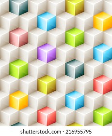 Vector geometric seamless pattern with glossy colored cubes. Tileable mosaic background with 3D glass boxes for wrapping design template or screen wallpaper