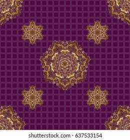 Vector geometric seamless pattern with golden gradients. For your design, wallpaper. Golden color seamless illustration on a purple backdrop. Geometric background.