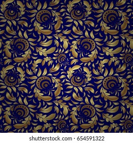 Vector geometric seamless pattern with golden gradients. Geometric background. For your design, wallpaper. Golden color seamless illustration on a blue backdrop.