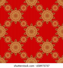 Vector geometric seamless pattern with golden gradients. For your design, wallpaper. Golden color seamless illustration on a red backdrop. Geometric background.