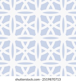 Vector geometric seamless pattern in gothic style. Abstract minimal ornament texture with flower shapes, crosses, circles, lattice, grid. Light blue and white geo background with medieval motifs