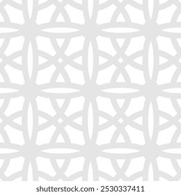 Vector geometric seamless pattern in gothic style. Abstract minimal ornament texture with flower shapes, crosses, circles, lattice, grid. Light grey and white geo background with medieval motifs