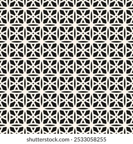 Vector geometric seamless pattern in gothic style. Abstract  monochrome ornament texture with flower shapes, crosses, circle, lattice, grid, net. Black and white geo background with medieval motifs