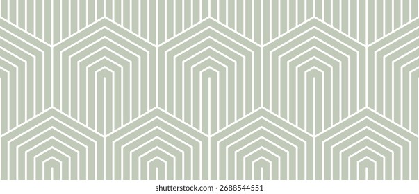 Padrão contínuo geométrico vetorial. Textura de ornamento mínimo verde com hexágonos, linhas. Fundo abstrato elegante com grade hexagonal. Padrão de contorno minimalista simples. Repetindo design na moda
