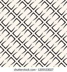 Vector geometric seamless pattern with grid, lattice, mesh, net, thin diagonal lines, repeat tiles. Delicate black and white ornament texture. Simple abstract monochrome background. Repeatable design