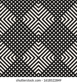 Vector geometric seamless pattern with grid, lattice, rhombuses, diamonds, lines, squares, tiles. Abstract black and white graphic texture. Simple monochrome linear background. Modern repeat design