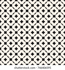 Vector geometric seamless pattern with grid, lattice, rounded shapes, squares, rhombuses. Simple modern abstract black and white background. Monochrome geometrical ornament texture. Modern design 