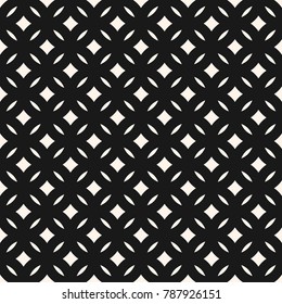 Vector geometric seamless pattern with grid, lattice, mesh, rounded shapes, rhombuses. Simple modern abstract black and white background texture. Monochrome geometric ornament design, repeat tiles