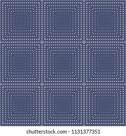 Vector geometric seamless pattern with halftone square tiles. Dark blue and white background with tiny fade rhombuses, lines, square grid. Stylish modern design for decor, textile, carpet, clothing