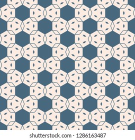 Vector geometric seamless pattern with hexagonal grid, flower silhouettes, thin lines, small, elements, mesh, net, lattice. Stylish blue and beige texture. Abstract repeat background. Minimal design