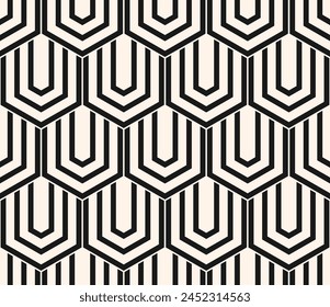 Vector geometric seamless pattern with hexagons, lines. Black and white abstract geometrical background with hexagonal grid. Simple monochrome texture. Repeated geo design for decor, print, textile