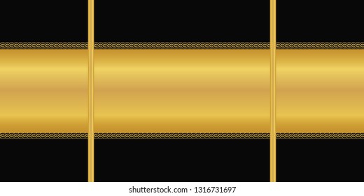 Vector geometric seamless pattern with horizontal golden stripes and chains. Art deco ornament on black background. Wallpaper, wrapping paper, textile print. Modern, graphic, border.