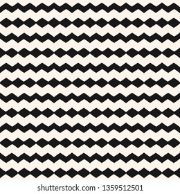 Vector geometric seamless pattern with horizontal stripes, zigzag lines. Simple abstract minimal ornament. Black and white background. Minimalist monochrome texture. Repeat design for decor, textile