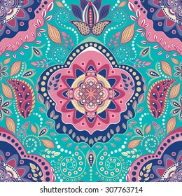 Vector geometric seamless pattern. Indian ornamental backdrop. Arabian decorative wallpaper with big stylized flowers and shapes. Design for fabric, textile, cover, wrapping paper, home decor