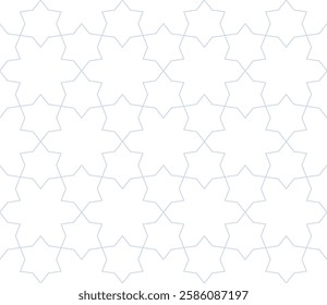 Vector geometric seamless pattern in Islamic style. Subtle ornament texture with floral grid, stars, lines, lattice. Elegant blue and white oriental background. Luxury minimal modern repeating design